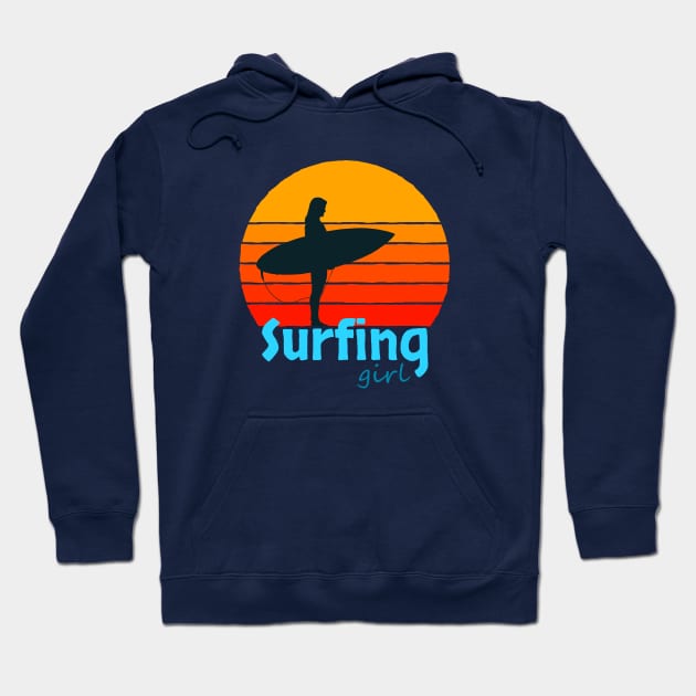 Surfing Girl Orange Sun Hoodie by AKdesign